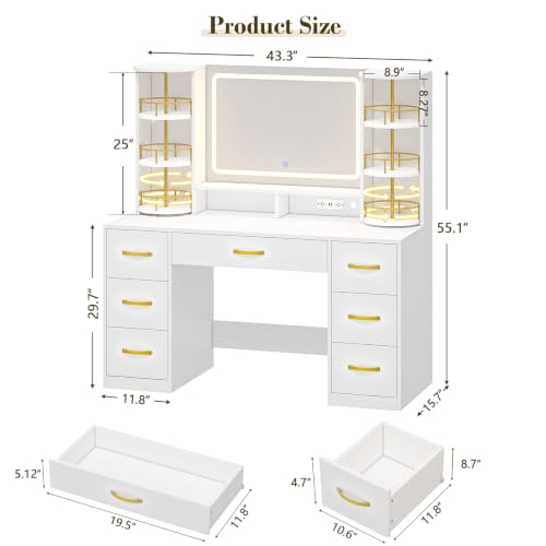 Image of Vanity Desk with LED Mirror and 360 Rotating Makeup Organizer Shelves, White Makeup Vanity with Lights & Charging Station, Large Vanity Table with 6 Storage Drawers Bedroom Makeup Desk for Women Girls