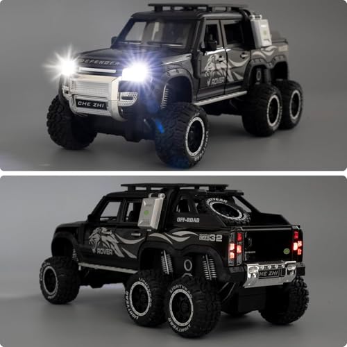 Image of 1:24 Land Rover Defender Six Wheels Off-Road Pickup Car Model, Pull Back Diecast Truck Collectible with Sounds & Lights, Gift for Kids, Boys, Girls, and Adults (Black)