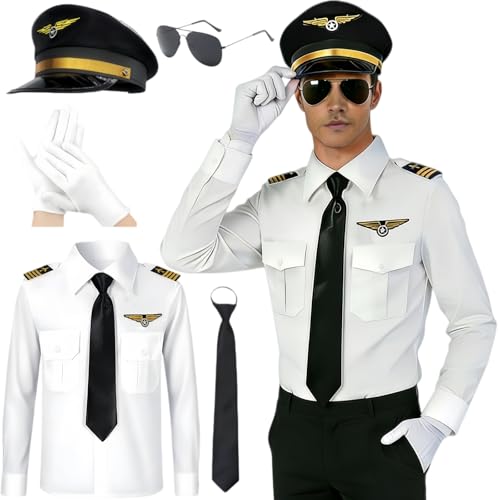 Buyzzus Pilot Kostüm Erwachsene Pilot Kapitän Uniform Hemd Fancy Dress Zubehör mit Flieger Hut Sonnenbrille Krawatte Handschuhe Flieger Outfit Karneval Fasching Cosplay Thema Party (L)