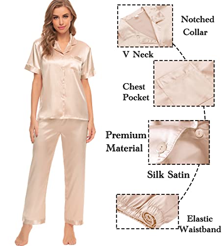 Image of SWOMOG Womens Silk Satin Pajamas Sets 4pcs Sleepwear Sexy Cami Shorts Set and Button Down Short Sleeve Pjs Loungewear