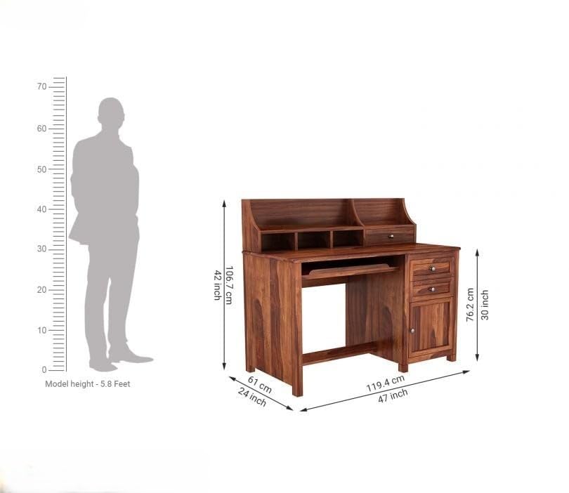 Image of Sheesham Wood Study Table for Students & Adults with Storage | Wooden Computer Desk for Home Office, Writing & Laptop Table | Brown Finish | 61x119.4x106.7 cm | 1 Year Warranty