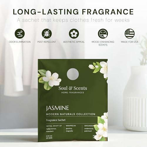 Image of Soul & Scents Jasmine Serenity Fragrance Sachet | Essence of Orris and Patchouli | Versatile Air Freshener for Car, Wardrobe, Kitchen, and Travel Bag | Pack of 3-20gm Each