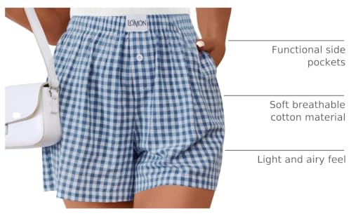 Image of LOMON Boxer Shorts for Women Summer Gingham Pajamas 2026 Lounge Sleep Pj Plaid Shorts Y2K Beach Bottoms with Pockets