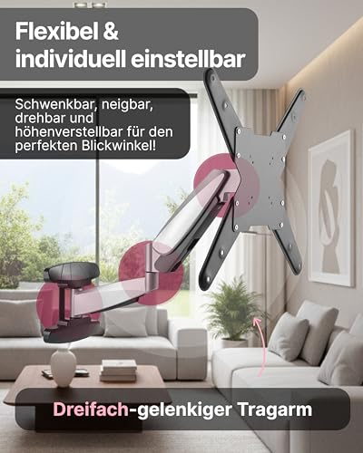 SCHWAIGER TV-Wandhalter Full Motion 1 I 23-55 Zoll Fernseherhalterung I neigbar, schwenkbar, drehbar & höhenverstellbar I Montageset für Flachbildschirme I TV-Halterung mit integrierter Kabelführung – Bild 3