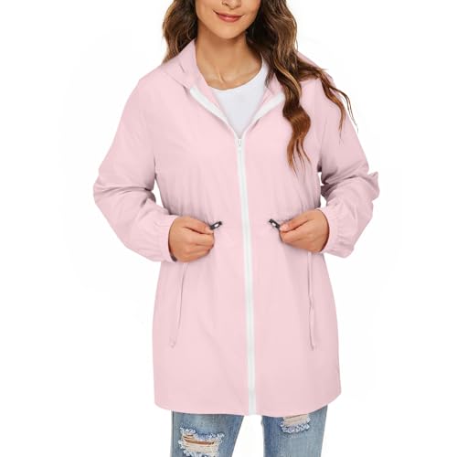 Chaquetas impermeables para mujer, cortavientos, ligeras, portátiles, con capucha, con bolsillos, rosa, S