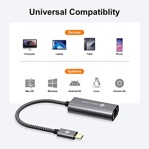 Image of NOVOO Metal Body,Nylon Braided Cable USB Type C to RJ45 Ethernet Adapter 10 /100 /1000 Mbps Compatible with iPad Pro Google Book, Surface Book, Other Type-C Devices & Smartphones (NVHUBCLAN1KXLV)