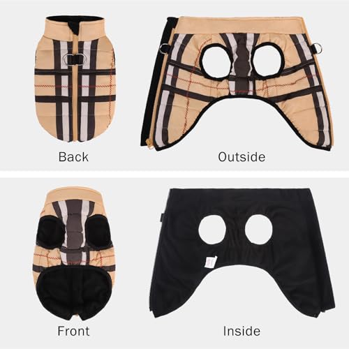 Image of SCENEREAL Winter Dog Vest Coat with Harness Built in for Small Medium Dogs | Warm Puppy Jacket, Cold Weather Coat with Zipper, Fleece Puffer Vest Windproof Snow Clothes, Beige Plaid