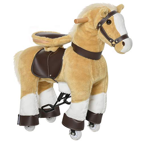 Qaba Ride on Horse, Plush Walking Horse Toy, Kids Riding Chair with Wheels for Kids 3-8 Years, Light Brown