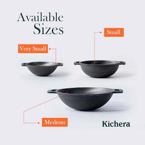 Image of Kichera Pre-Seasoned Cast Iron Kadai with Dual Loop Handles 7.5Inch | 1L Capacity, 18.5cm Diameter, 1.1kg | Non-Stick, Super Smooth, Pure & Toxin-Free Wok for Deep Frying