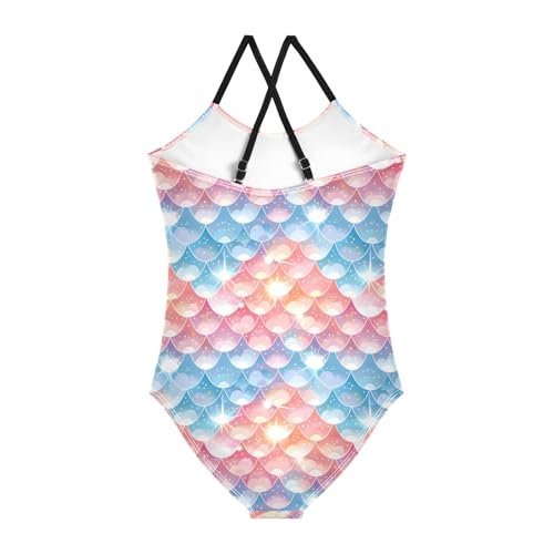 senya Girls Swimsuits One-Piece Swimwear Tie Bathing Suit Beach Summer Round Neck 9-10T Pastel Mermaid Scale Rainbow2