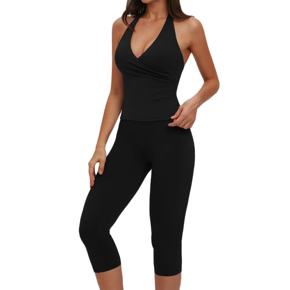 JPXJGT Female Gym Fitness Suit Sexy V Shaped Neckline Tank Top +High Waist Women Yoga Sets(Size:L,Color:Black)