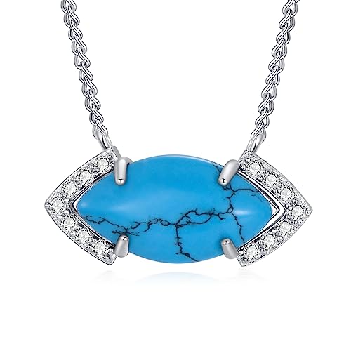Feeot Natural Turquoise Necklace 925 Sterling Silver Pendant For Women Marquise Gemstone Jewelry Gift For Women Mother Daughter cover