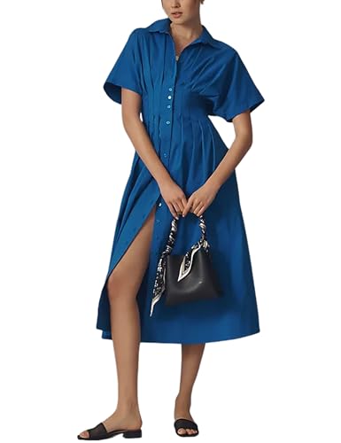 Image of Yeokou Shirt Dress for Women Summer Casual Short Sleeve Button Down Loose Pleated Maxi Sundress with Pockets
