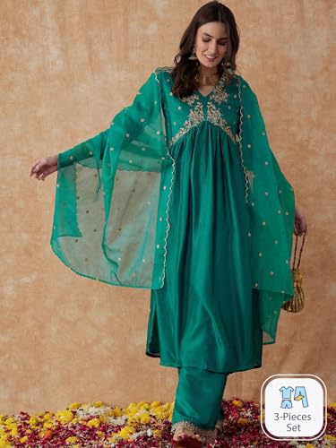 Image of SheWill Women's Vichitra Zari Sequence Embroidery Alia Cut Kurta with Palazzo Dupatta Set