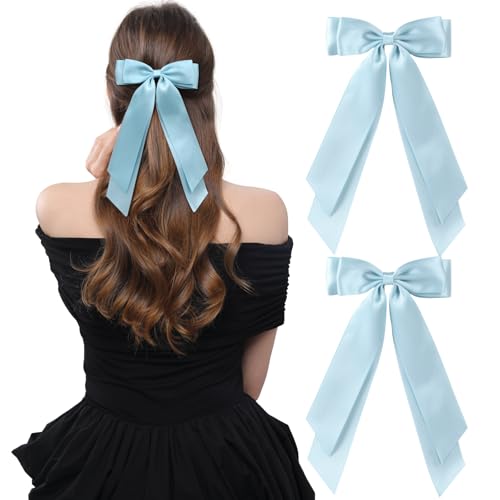 LuSeren 2 PCS Double Layer Hair Bows Light Blue Hair Ribbon Clips Ponytail Holder Accessories for Women Girls Toddlers Teens Kids