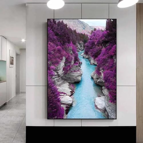 Toile paysage canyon rivière arbre violet KEBIA pour sublimer un mur de salon vide