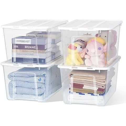 Citylife 54 Quart Stackable Storage Plastic Storage Box with Tight Locking Lid Clear Storage Box Chest, Plastic Container for Organizing Clothes in Closet, 4-Pack Cover