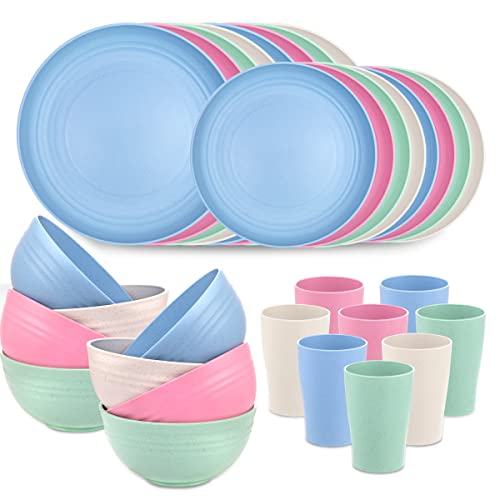 Supernal Wheat Straw Dinnerware, Microwave Dishwasher Safe, Unbreakable Light Weight Plates Service For 8, Reusable Tableware Set, Multicolor Set 16Pcs Plates, 8Pcs Bowls, 8Pcs Cups #TOP5