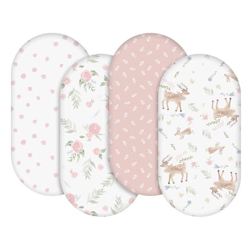 Image of Gllquen Baby Bassinet Sheets 4 Pack, Breathable Cozy Fitted Mattress Sheet, Elastic Travel Crib Fashionable Floral Pattern, Standard Cradle Safe Sheets for Baby Boys Girls 32"x16"(Deer & Rose)
