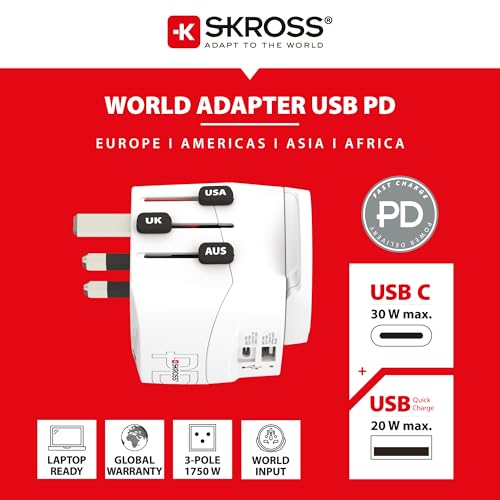 SKROSS - Pro Light USB AC30PD - World - Universal 3 Chicken Travel Adapter for the World with PD PD Fast Charge Charger (1 x USB C 3A + 1 x 2.4A) - Power: 110V - 700W / 250V - 1750W