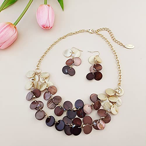 Bocar 2 Layer Statement Choker Shell Necklace And Earring Set For Women Gift (Nk-10248-Beige+Brown) #TOP2