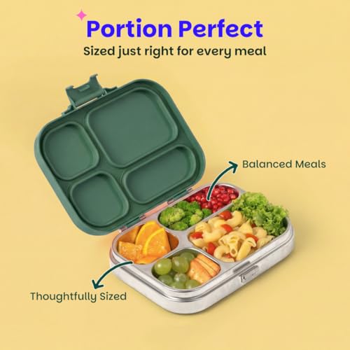 Image of Basil Bento Box Quad - 4 Compartment Stainless Steel Lunch Box with BPA-Free Plastic Lid | 800 ml Leak-Proof Tiffin Box for Kids & Adults | Premium School, Office, and Picnic Lunch Box - Emerald Moss