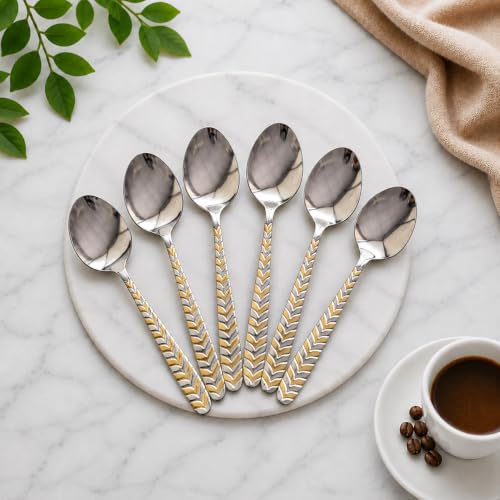 Image of Golden Coffee Spoon (Pack of 6) 15 cm Long Premium Golden Finish Stainless Steel Luxury Tea & Coffee Spoons Dessert, Soup, Daily Use Elegant Gold Tableware with Modern (Silver)