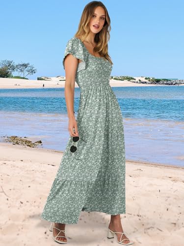 ANRABESS Women’s Casual Summer Maxi Dress Flutter Short Sleeve Scoop Neck Smocked A Line Flowy Beach Vacation Long Dresses
