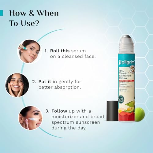 Image of Pilgrim 10% Vitamin C Face Serum Roll-On for Glowing Skin with Niacinamide & Glutathione, Kakadu Plum | Reduces Dark Spots, Brightening Serum for Even Skin Tone | For All Skin Type - 25ml