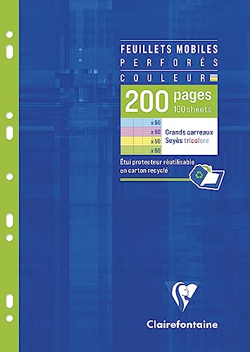 Clairefontaine 17511C Un Étui Feuillets Mobiles Perforés 4 Couleurs - A4 21x29,7 cm - 200 Pages Grands Carreaux - Papier 90 g - Couleurs Assorties (50 Pages...