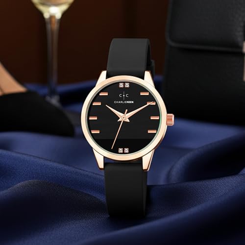 Image of CHARLIEKEEN Women's Elegant Watch with Rose Gold Case, Silicone Band, Crystal Accents, Analog Display