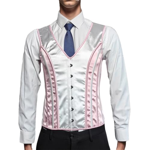 Men Pink Corset Vest Lace Up Vintage Waistcoat For Wedding Girdle Tops V Neck