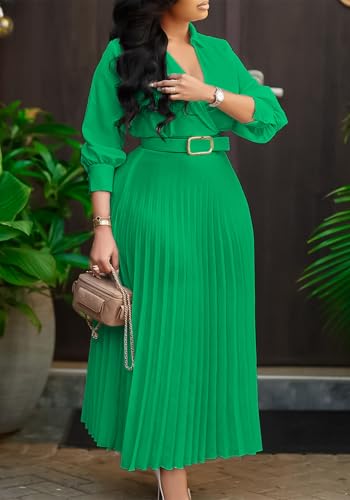 Image of Famnbro Womens Pleated Dress V Neck Long Sleeve A line Church Formal Works Business Dresses with Belt