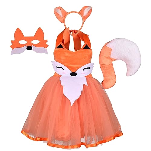 Kids Toddler Baby Girl Fox Jungle Safari Theme Animal Tutu Dress with Ears Headband Tail for Christmas Birthday Party Dresses White Orange Fox 2 Years