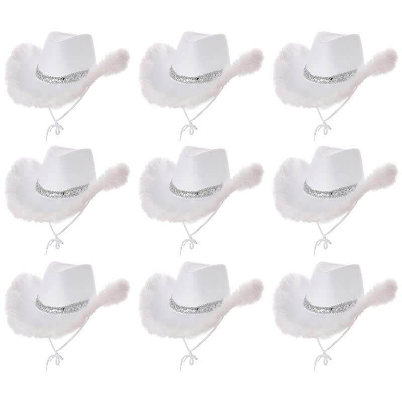 My Illusions Fluffy White Cowgirl Hat with Feathers and Sequins Cowboy Fancy Dress Festival Costume Accessory (9 Pack)