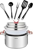 Tefal OptiSpace - Juego 3 ollas 18/20/24 cm + tapa de plástico y acero inoxidable + 5 accesorios, asas antideslizante toque frío, marcas de medida, apto horno y lavavajillas, todo tipo de cocinas