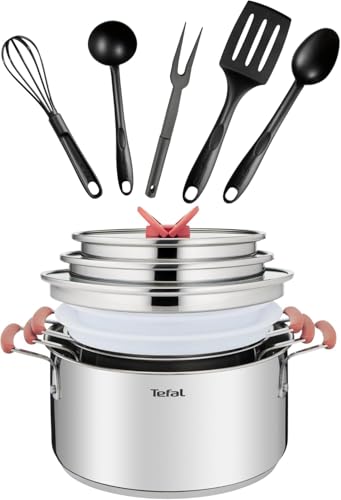 Tefal OptiSpace - Juego 3 ollas 18/20/24 cm + tapa de plástico y acero inoxidable + 5 accesorios, asas antideslizante toque frío, marcas de medida, apto horno y lavavajillas, todo tipo de cocinas