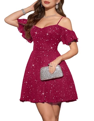 Image of Meetjen Women's Short Cocktail Dresses for Teens Formal Homecoming Sparkly Off Shoulder Tulle Sequin Prom Party Dress