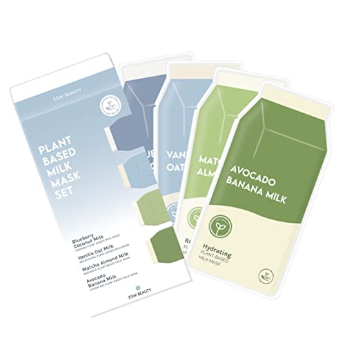 ESW Beauty Plant-Based Milk Face Masks - 4-Pack Skincare Set - Hydrating, Radiance, Firming & Soothing with Avocado, Matcha, Blueberry, Vanilla & Oat Extracts for All Skin Types