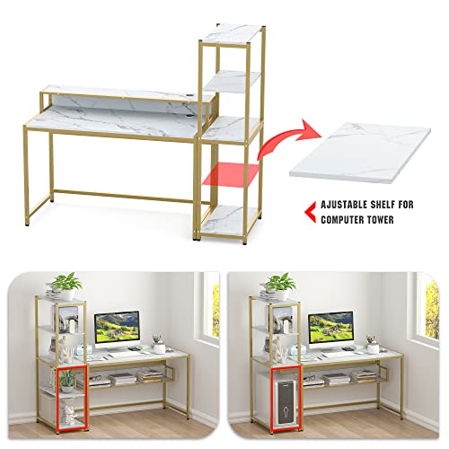 Image of Teraves Computer Desk with 5 Tier Shelves,Reversible Writing Desk with Storage 49 Inch Study Table for Home Office Independent Bookcase and Desk for Multiple Scenes (White Marbling+ Gold Frame)