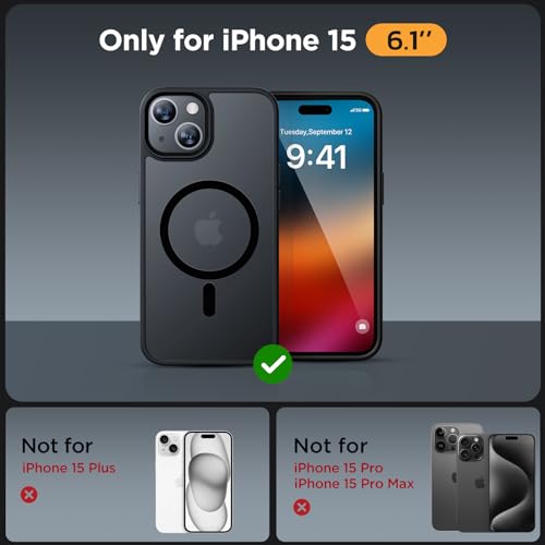 Image of Miracase Magnetic for iPhone 15 Case (Compatible with MagSafe)(with 2X Screen Protectors) Military-Grade Protection, Anti-Fingerprint Translucent Matte Phone Cover for iPhone 15 6.1 inch, Black