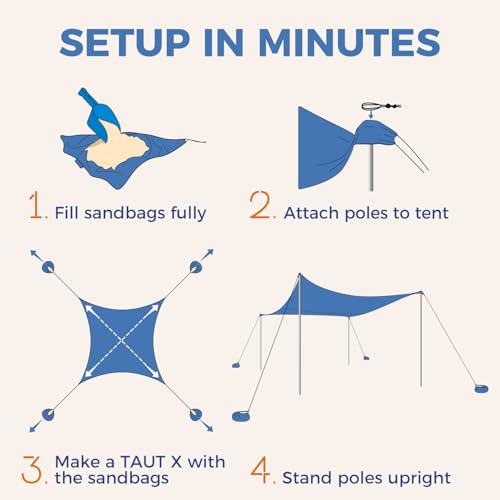 Image of WEKAPO Beach Tent Sun Shelter - Easy Setup Beach Canopy with 4 Sturdy Poles, Extra Large Sandbags and Shovel, 7'8'' Tall, Windproof Sun Shade for Backyard and Camping, UPF 50+ Protection