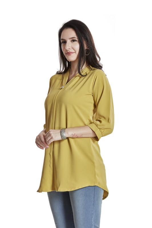 Image of nioni Women's Purple Poly Linen Blend Tunic Top with 3 /4 Sleeves, Printed Yoke, Kantha Stitch Detailing & Mandarin Collar