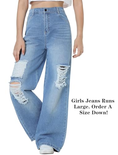EXARUS Girls Jeans Baggy Pants Wide Leg/Flare/Skinny Teen Ripped Denim Tween Clothes Outfits Preppy Casual Kids 6-14Y2