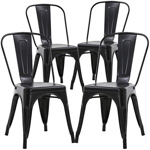 Metal Chairs Outdoor Indoor Dining Chairs Side Stackable Restaurant Cafe Tolix Bistro Chairs with Back, Set of 4, Kitchen Farmhouse Pub Trattoria Industrial Metal Bar Chairs Hold Up to 330Lbs - Black