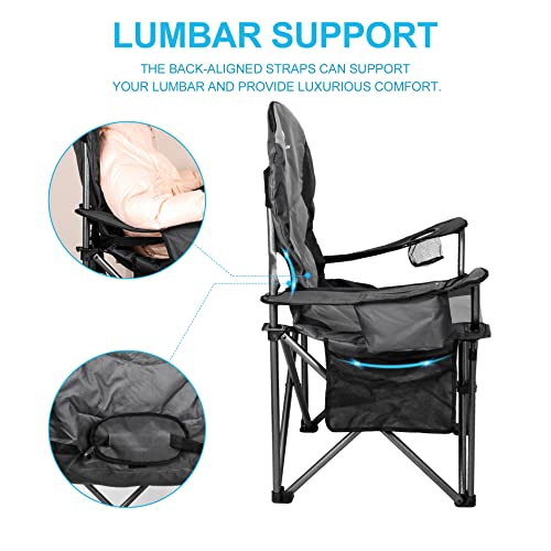 Mouthen Padded Camping Chair Oversized Heavy Duty Camp Chair Supports 400 Lbs, Outdoor Camp Chair With Lumbar Back Support,Cooler Bag,Head Pocket (Black & Grey) #TOP4