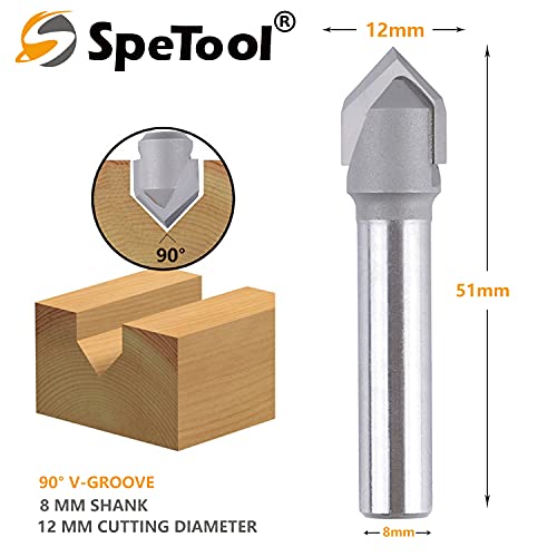 SpeTool Fresa a smusso 2 flauto 90 gradi V fresa 12 mm diametro di taglio 8 mm gambo CNC fresa per venature, smussi e scanalature a V.