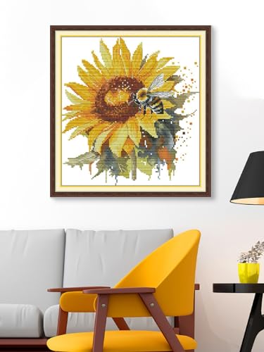 Image of Aiorkeng Cross Stitch Kits Stamped Full Range of Embroidery Starter Kits for Adults Beginners DIY Needlepoint Kit 11CT 3 Strands -Printed kit Sunflowers and Bees(Printed) 14.2x15 inches
