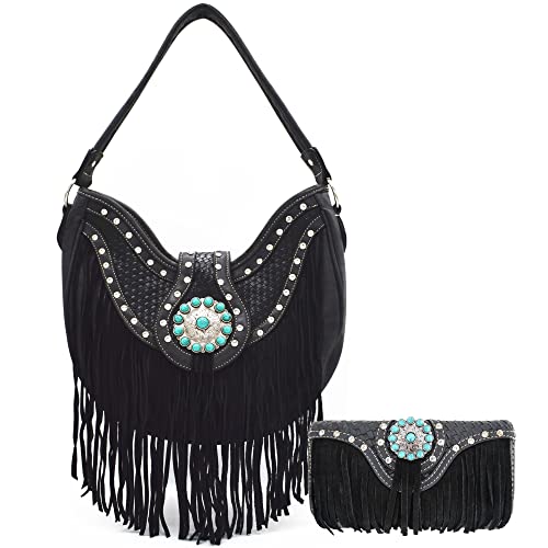 Western Style Fringe Conchos Gem Rhinestone Studded Woven Leather Purse Country Handbag Women Shoulder Bag Wallet Set