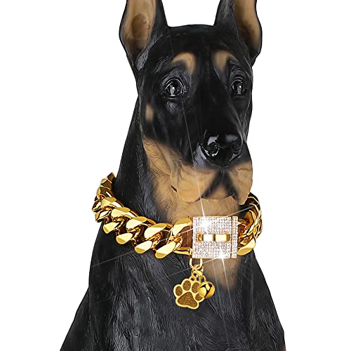 Gold Chain Dog Collar with Bling CZ Dimonds Buckle 19mm Gold Cuban Link Dog Collars Stainless Steel Metal Dog Chain Collars for Medium Large Dogs(18 )